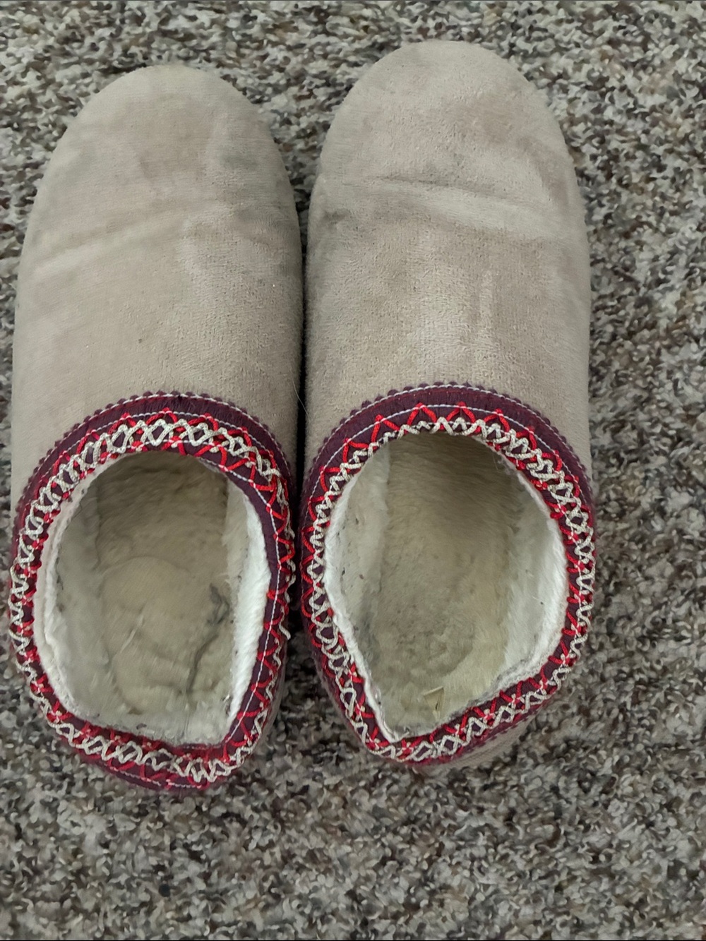 Cozy Women's Beige Suede Slip-On Slippers with Red Trim